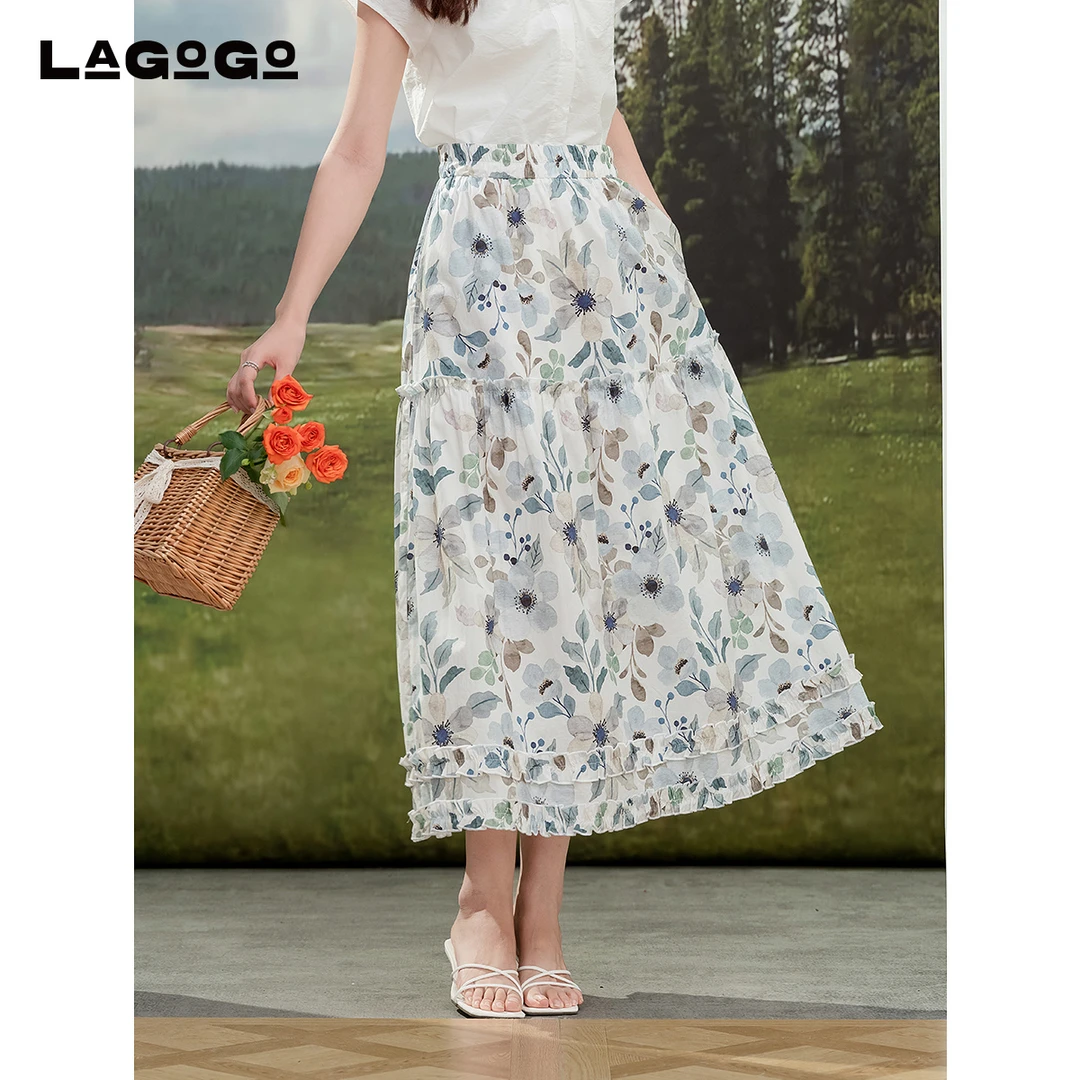 lagogo拉谷谷2025年新款油画感全棉印花显瘦裙女OABB305D82