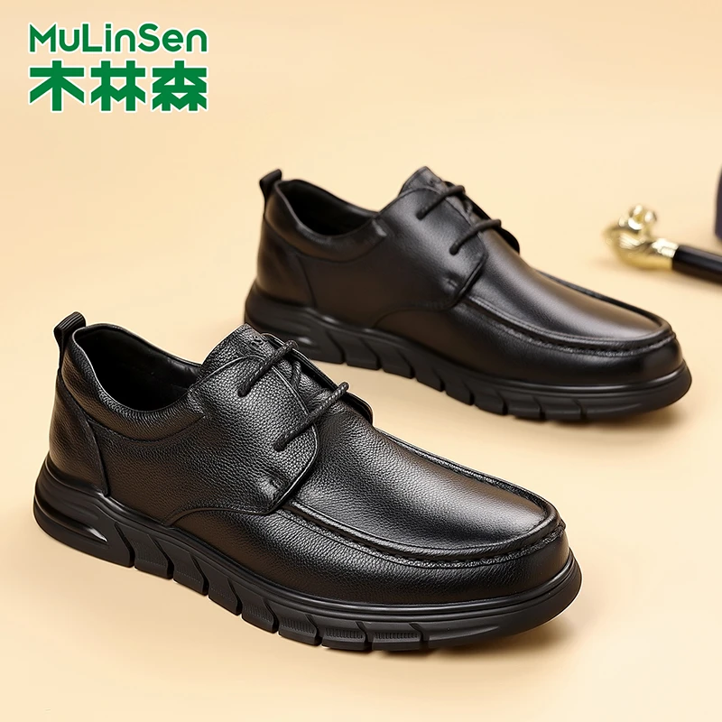 木林森男鞋复古系带英伦软底新款百搭鞋子休男士复古系带休闲皮鞋