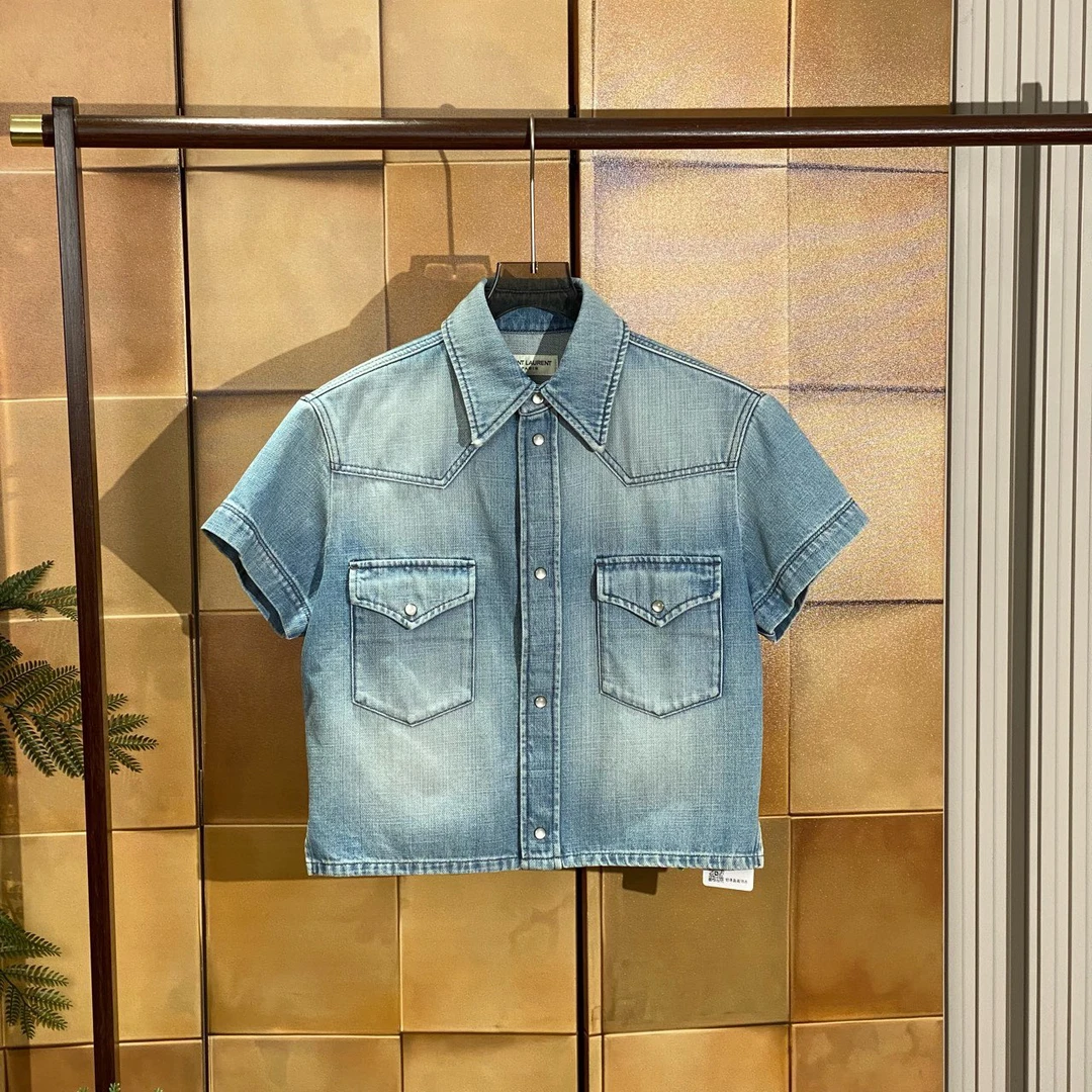 Saint laurent Paris水洗蓝做旧牛仔短袖衬衫/L码/99新/23710