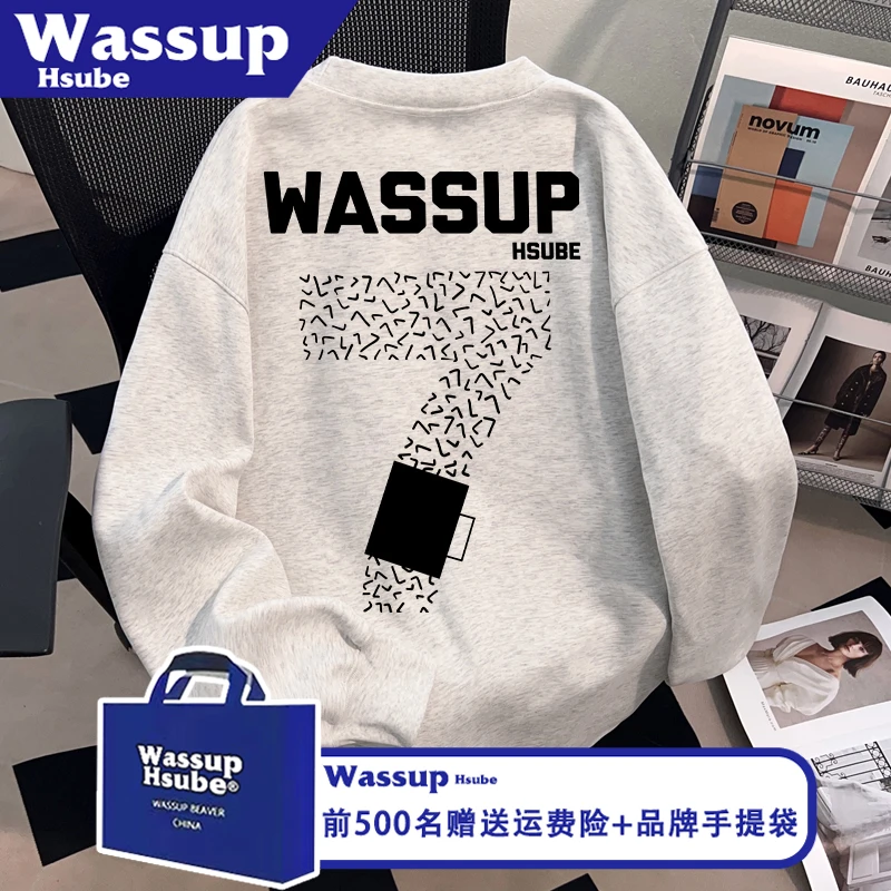 WASSUP HSUBE秋季白灰色上衣街头风潮酷印花T恤ins100%棉男女长袖