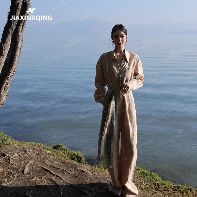 JIAXINXQING卡其色亚麻衬衫领落肩长袖高腰直筒连体裤原创设计款