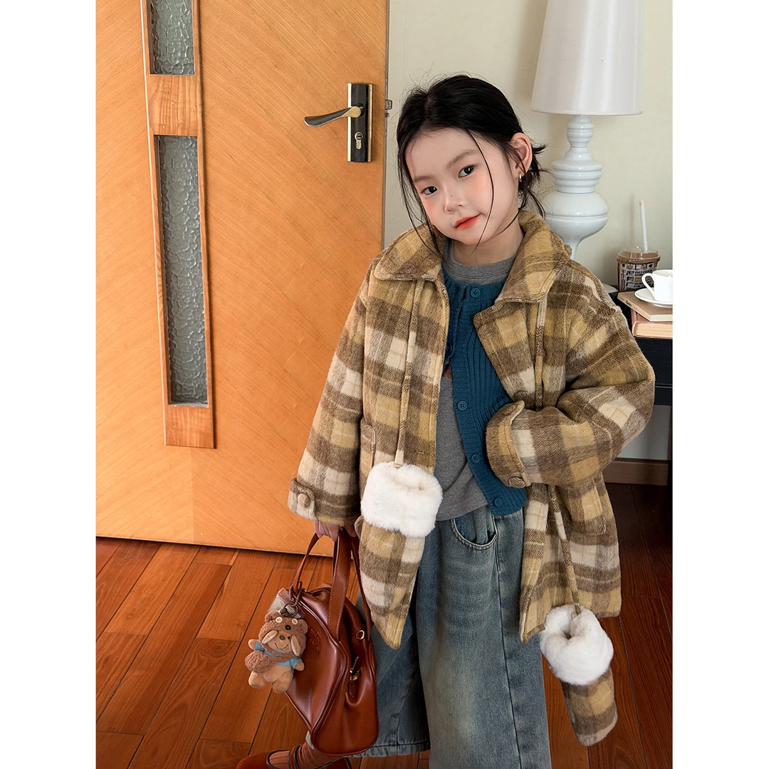Harper Kids韩版女童百搭加厚格子毛呢外套配手套 H25A7509135