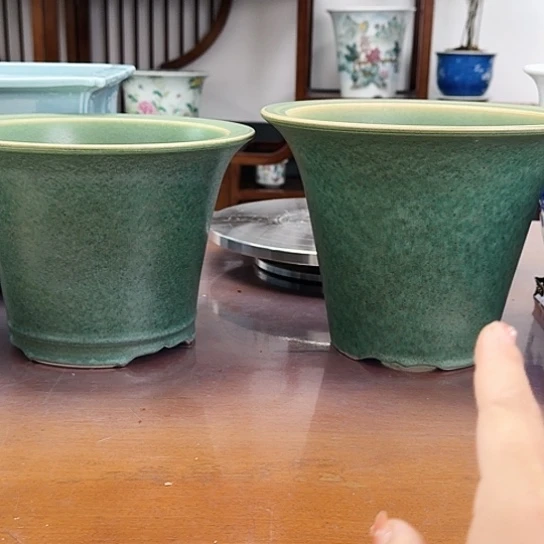 摆件霧**花绿釉哑光斗笠陶瓷盆