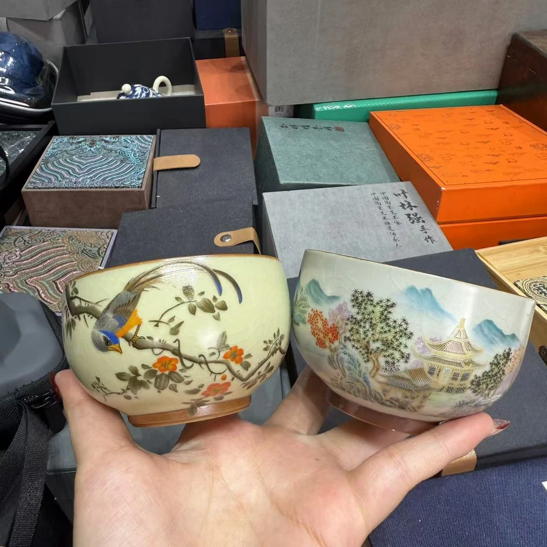 汝窑喜上眉梢主人杯加汝窑开片江南景色古铜币主人杯 1323+3510