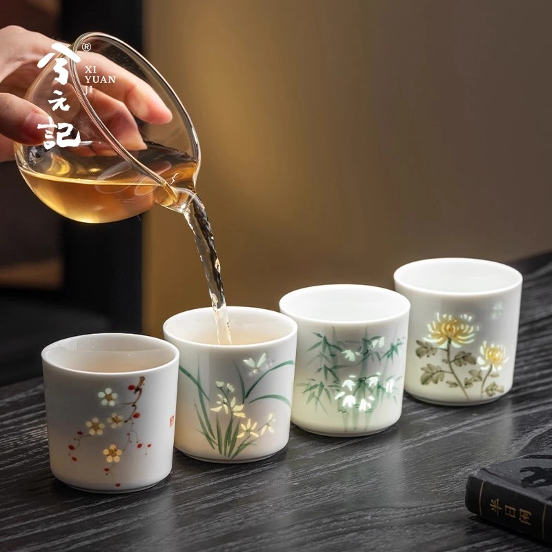 兮元记手绘玲珑瓷茶杯陶瓷主人杯单杯个人专用品茗杯釉下彩茶盏