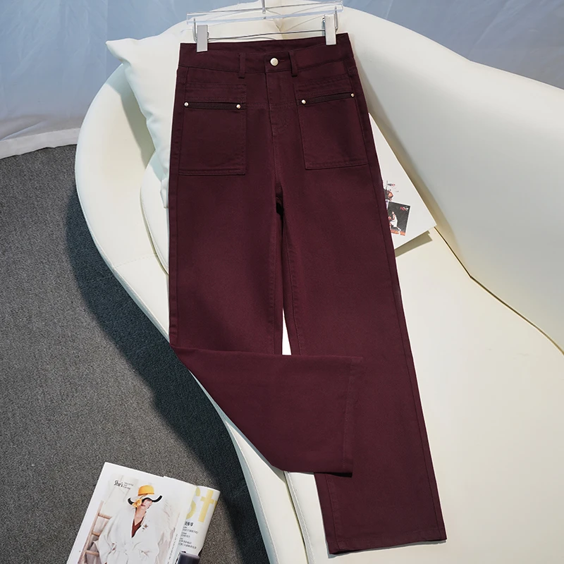 高腰宽松显瘦阔腿牛仔裤女2025春秋季红色安可拉红美式复古直筒裤