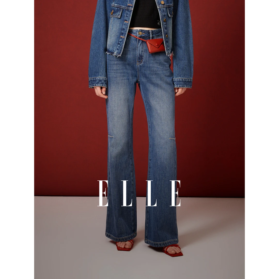 ELLE牛仔蓝高腰微喇叭牛仔裤女2025春季新款显瘦小个子EQ50561