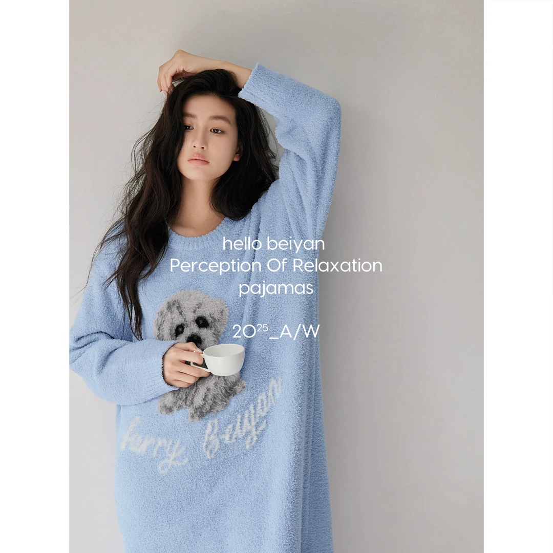 贝妍珊瑚绒睡衣女冬季新款慵懒宽松半边绒睡裙可爱少女外穿连衣裙