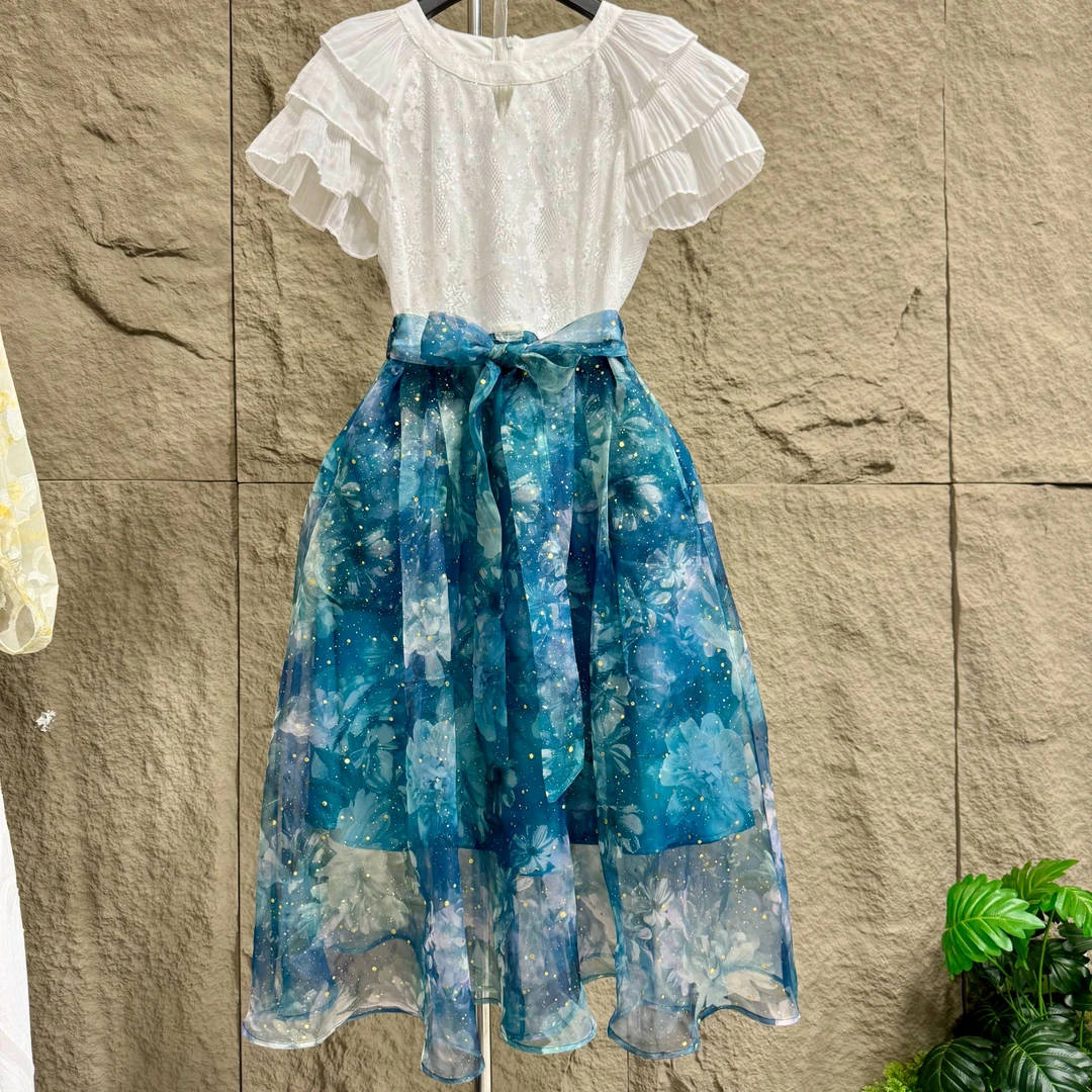 夏季V领百褶女装公主A字裙连衣裙裙子法式见外包装夏款拼接荷叶边