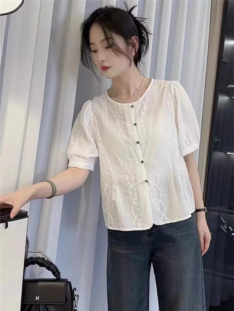新中式国风衬衫女短袖薄款夏季2025新款高级感刺绣小个子上衣小衫