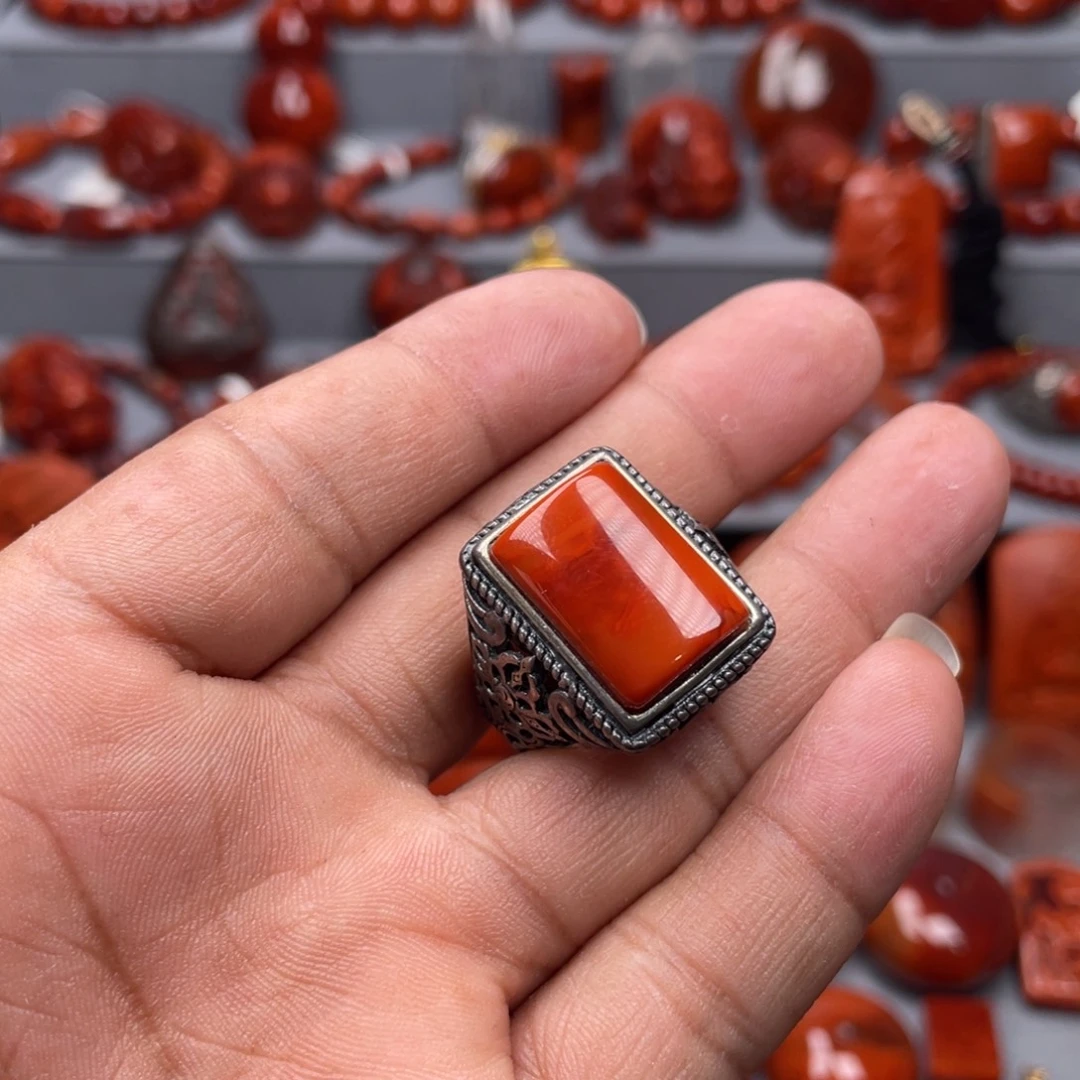 南红玛瑙银S925镶嵌珠宝奇石戒指