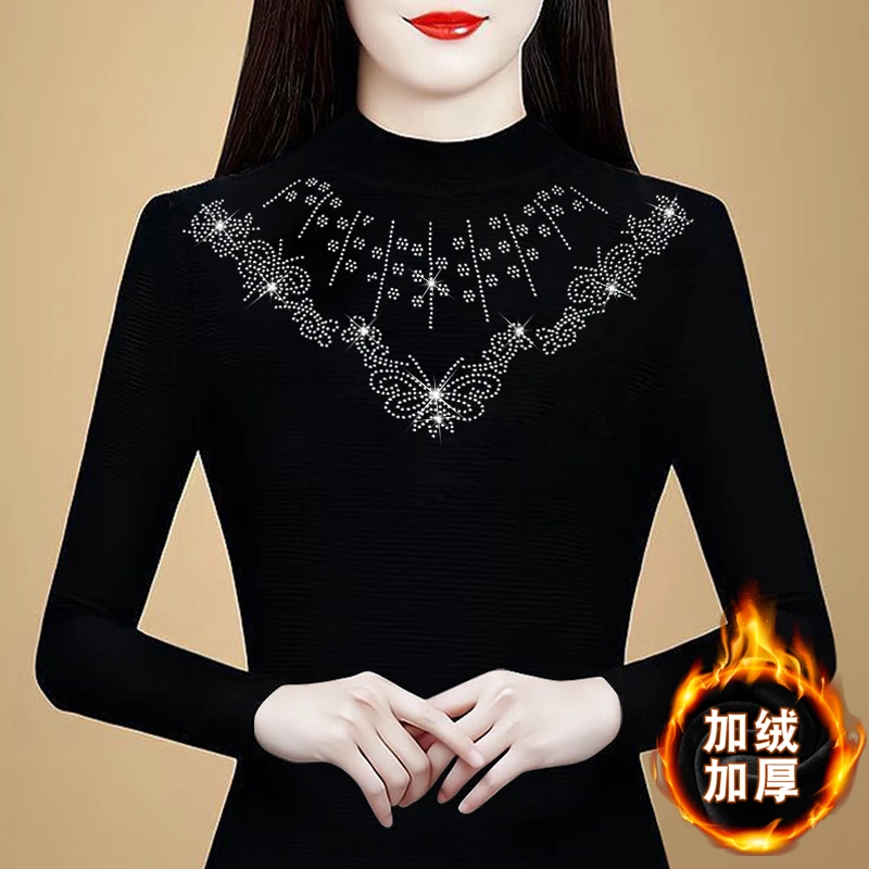 高档秋冬洋气时尚百搭蕾丝加绒打底衫女中年妈妈长袖保暖烫钻上衣