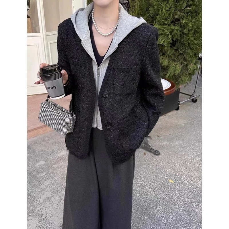 连帽拼接假两件毛呢西装外套休闲羽绒服韩版时尚女装冬8687