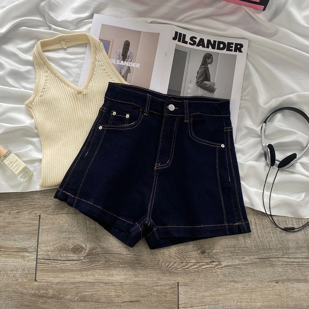 丹宁色侧开叉牛仔短裤女秋季薄款2025年新款高腰显瘦a字阔腿热裤