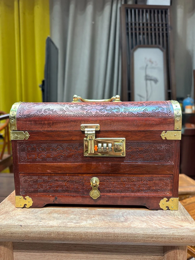 红酸枝巴里黄檀花好月圆雕花手提密码首饰盒多层带抽屉