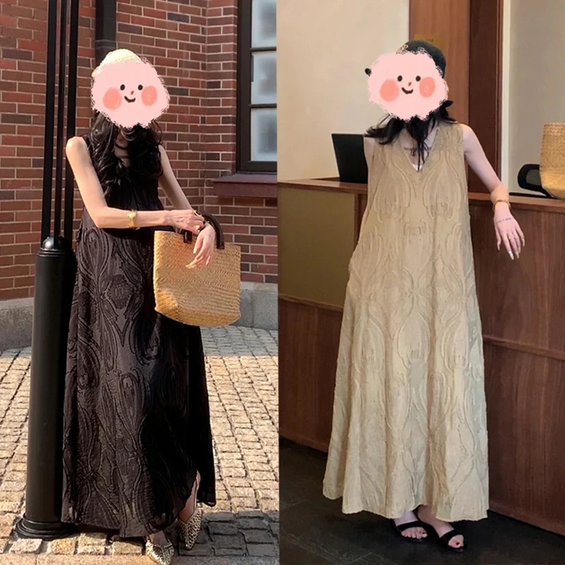 极简约轻奢高级感提花连衣裙夏季V领无袖宽版气质长裙女