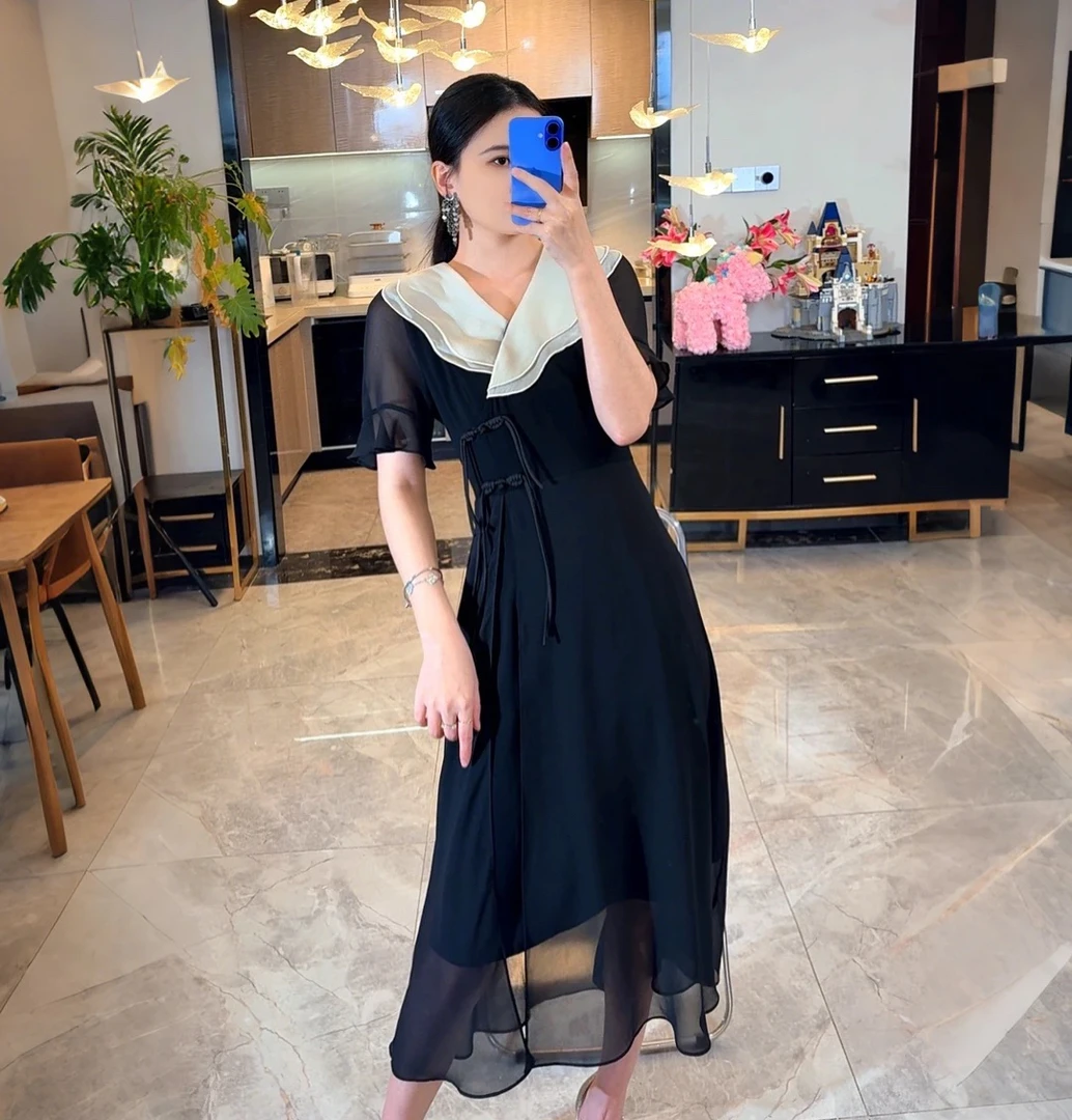 420气质国风黑色连衣裙2025新款爆款遮肚子藏肉修身显瘦A字裙子