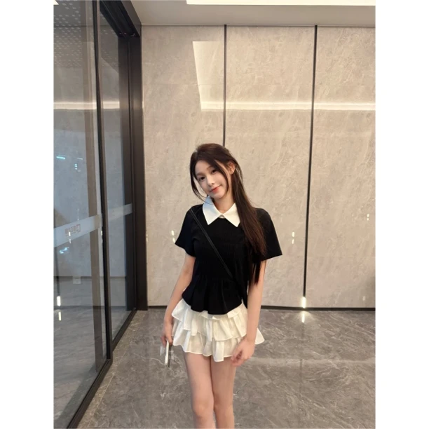 【梦梦服饰】2025新款韩系甜美慵懒百搭小衫翻领压褶短袖衬衫+半裙