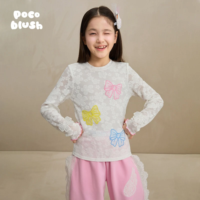 poco blush原创设计蝴蝶轻纱蕾丝打底衫女童长袖T恤刺绣撞色上衣