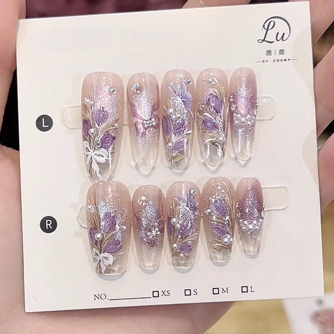 【紫色郁金香-纯手绘】鹿鹿家-纯手工穿戴甲手绘郁金香猫眼欧泊X