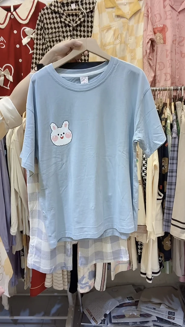 郑小姐~夏季新款休闲纯棉居服套装翻领短袖套装蓝色7分袖短袖
