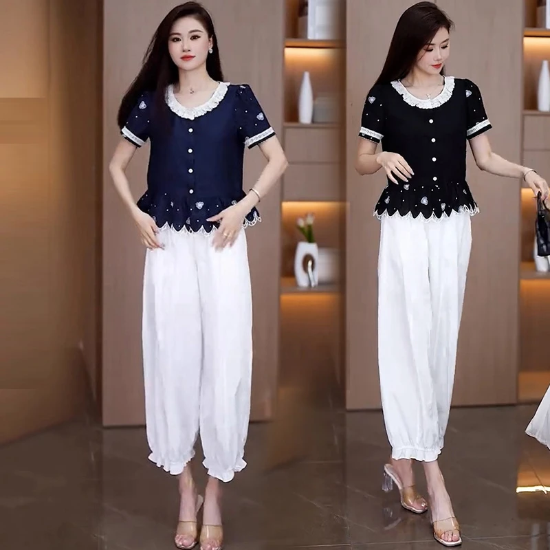 La babite 洋气百搭时尚套装夏季新款洋气显瘦设计感蕾丝拼接上衣