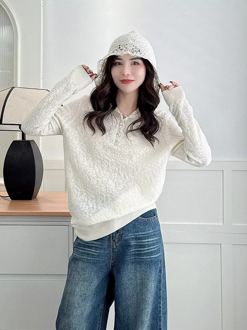 【蕾丝提花】新款胖MM大码女装淑女百搭针织连帽蕾丝勾花毛衣