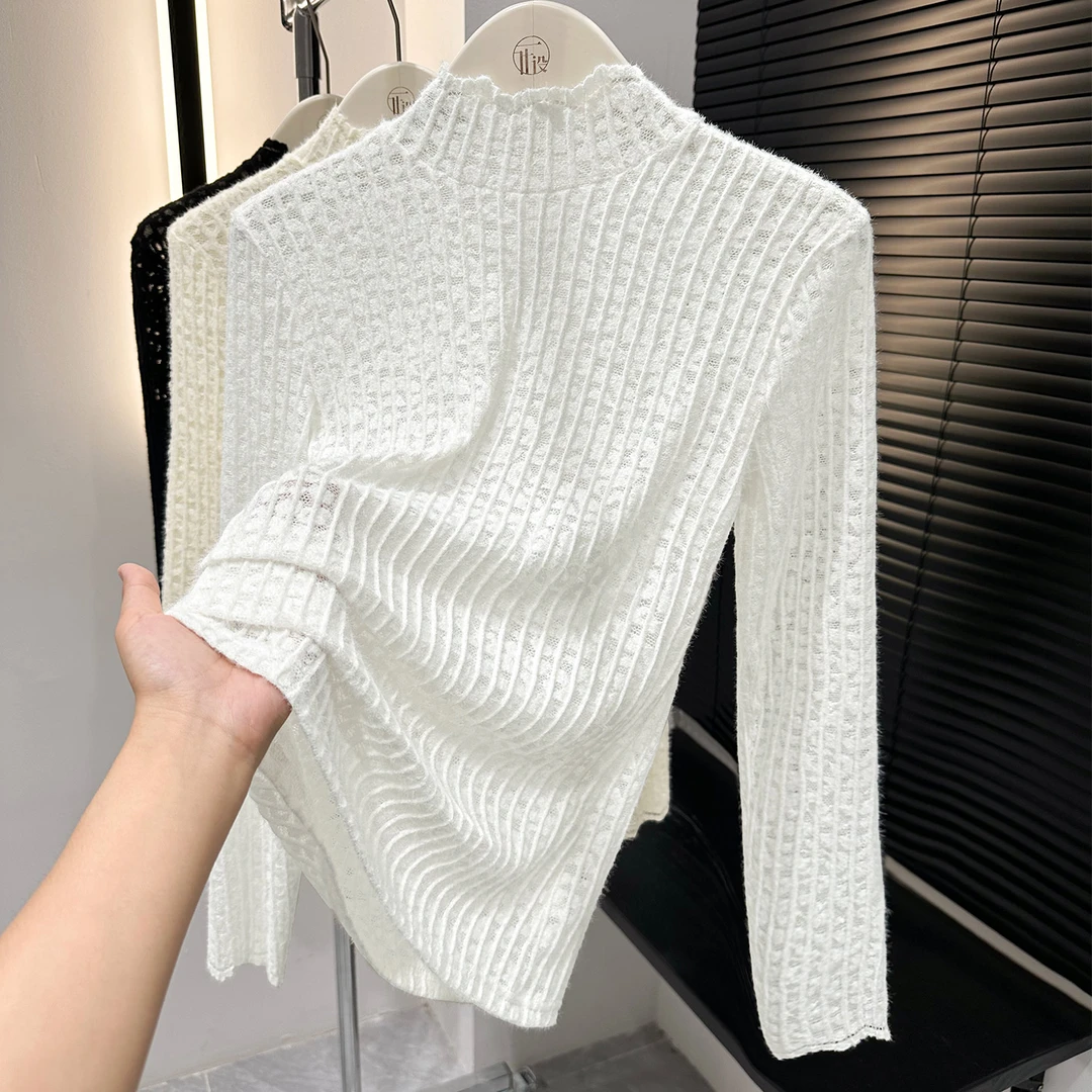 白色设计感镂空蕾丝衫女秋冬新款高档半高领打底上衣软糯叠穿内搭