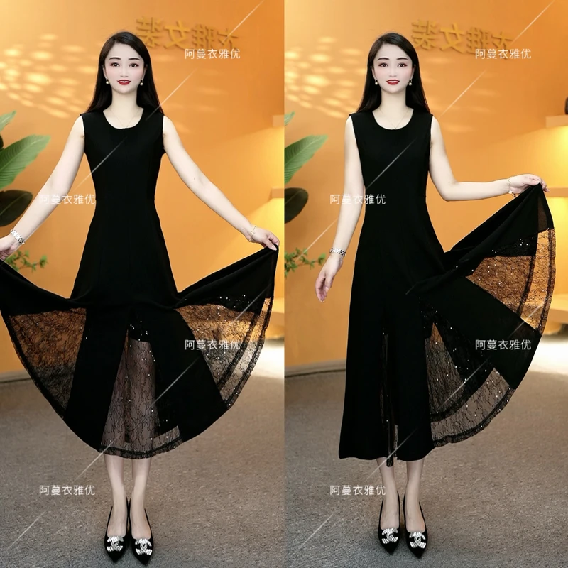 【衣雅严选】8081-1457新款气质无袖锦棉拼接蕾丝大摆鱼尾长裙