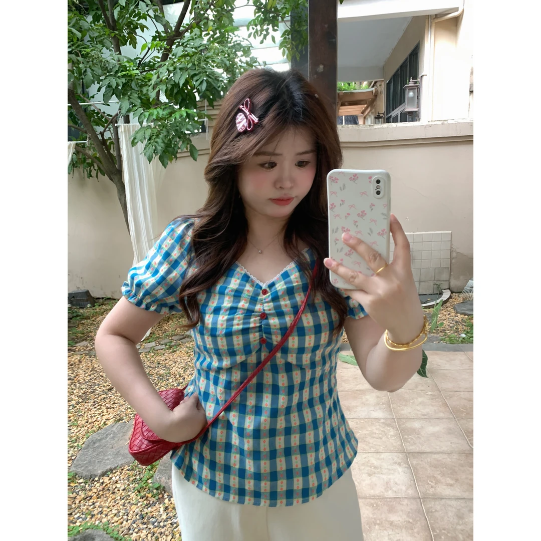 【花予情诗】大头婷微胖夏季衬衫格纹碎花菱格纹收腰短袖上衣