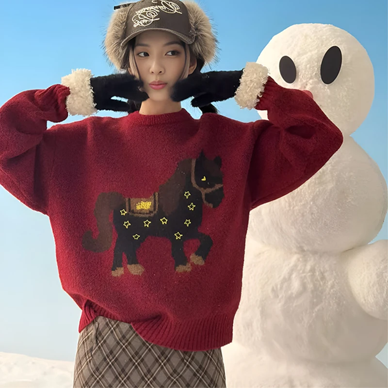 秋冬韩系可爱风卡通马上有钱花红色圆领针织衫女慵懒百搭宽松毛衣
