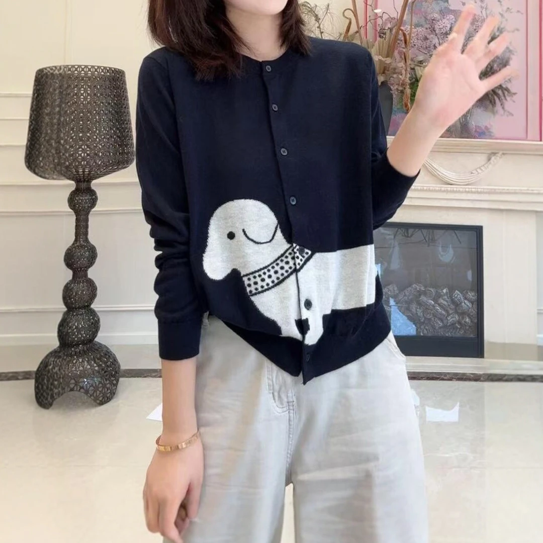 时尚宽松打底上衣秋季新款胖MM大码女装韩系撞色圆领小狗刺绣T恤