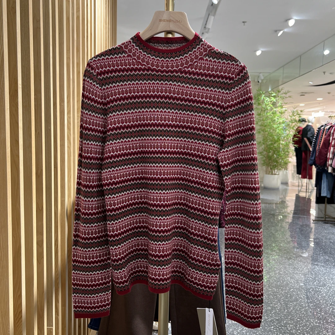 声雨竹7R763冬季新品复古港风半高领长袖撞色提花毛衣百搭休闲