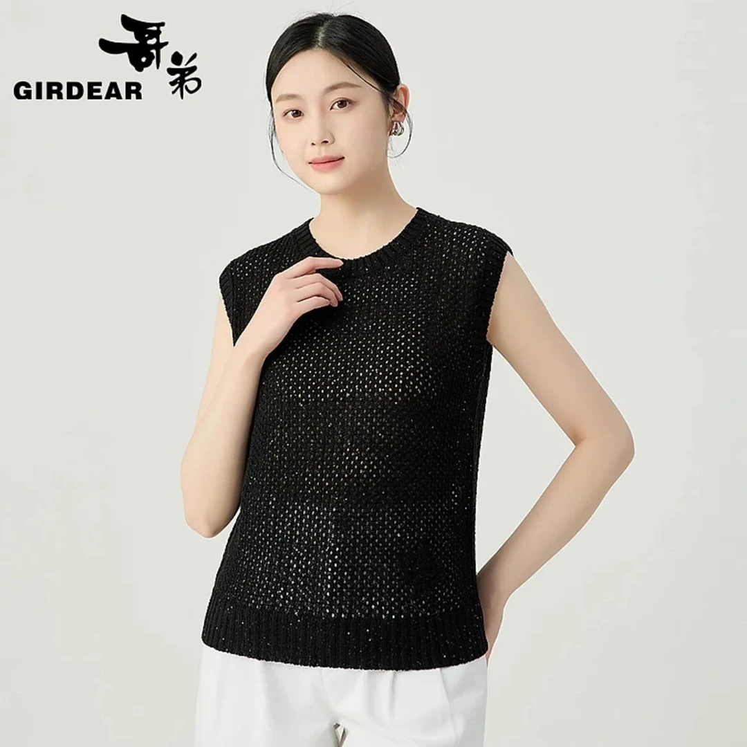 GIRDEAR/哥弟春夏新款时尚质感百搭复古镂空无袖针织T恤女138026