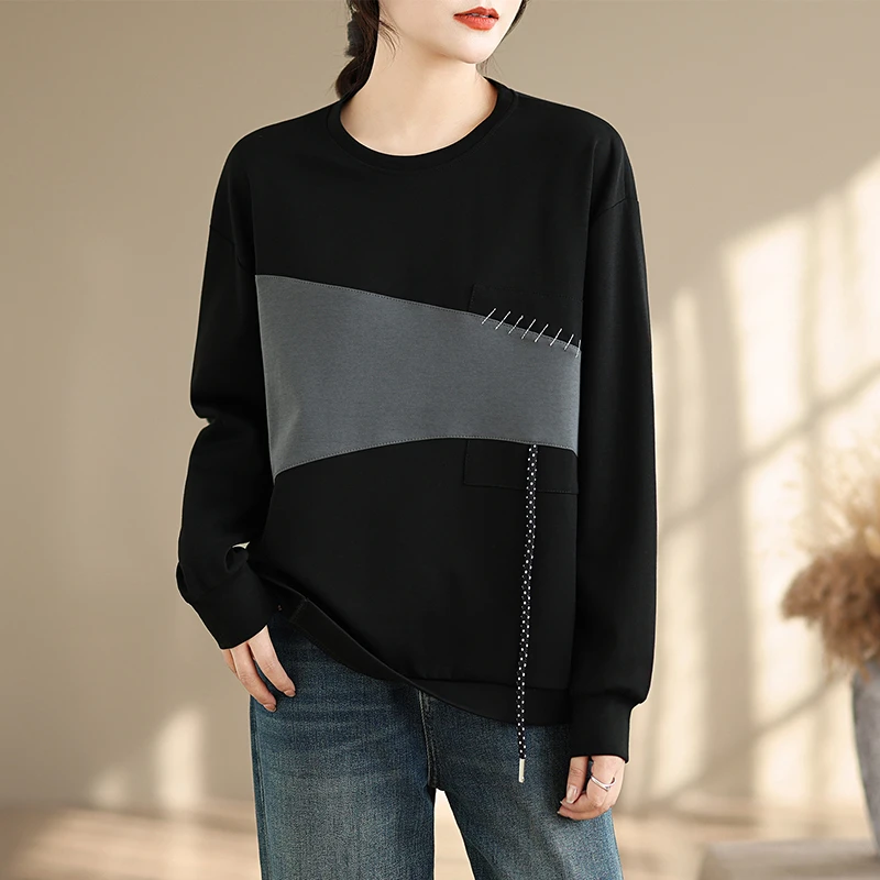 时尚高级感简约T恤上衣撞色拼接宽松设计感休闲百搭黑色长袖卫衣