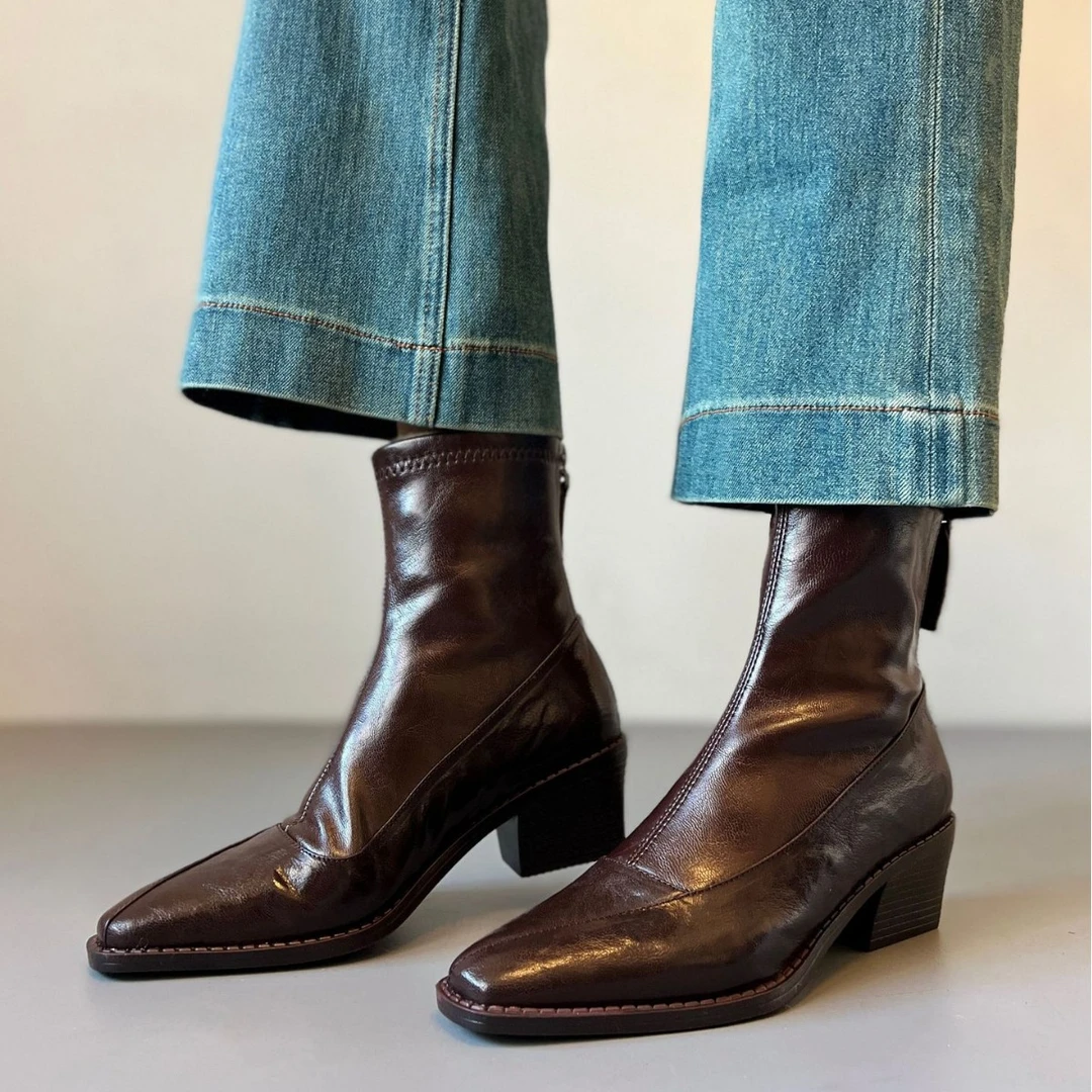 羊皮版~ 法式高跟弹力瘦瘦靴女秋冬新款粗跟方头气质短靴子马丁靴