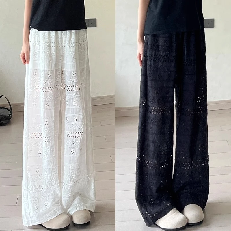 白色阔腿裤女夏季薄款2025新款时尚洋气冰丝薄款垂感镂空直筒裤子