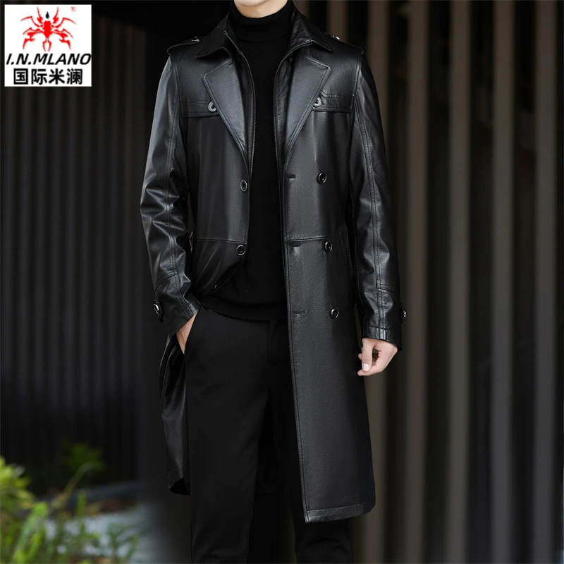 【牛皮】男士风衣长款过膝大衣真皮皮衣男双排扣西装领秋冬保暖外套