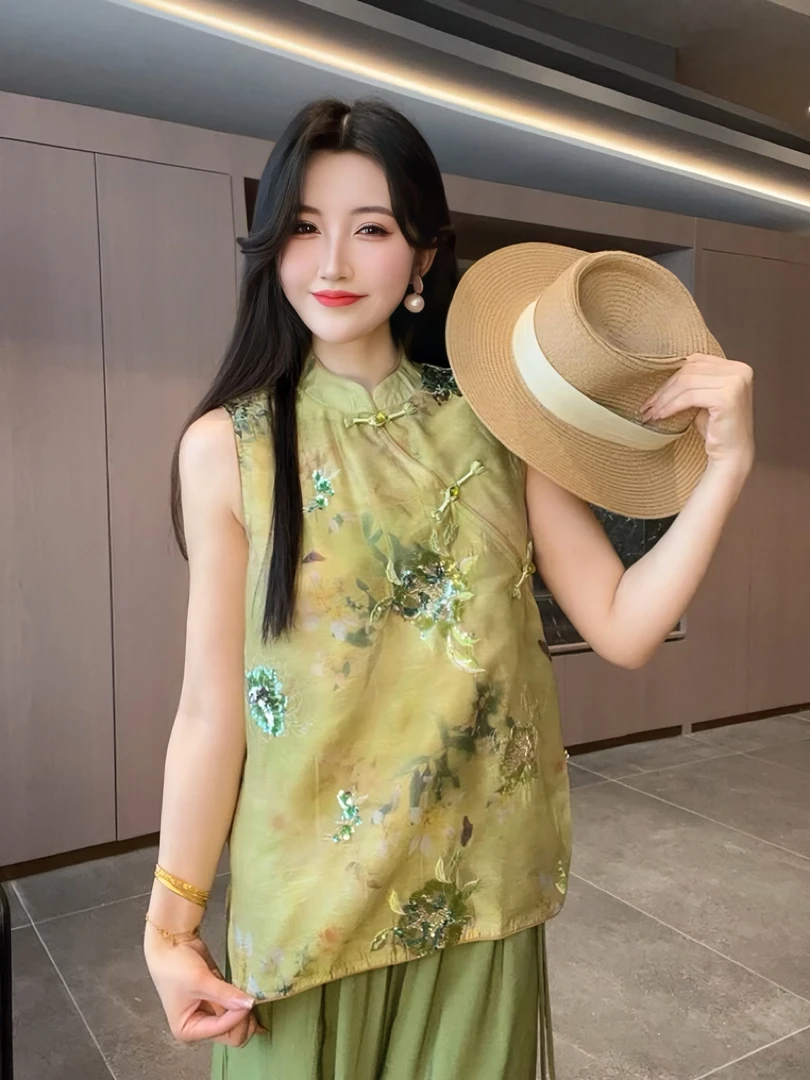 【春嫣】夏季上衣小衫女装新中式国风立领重工亮片绣花薄款背心马甲