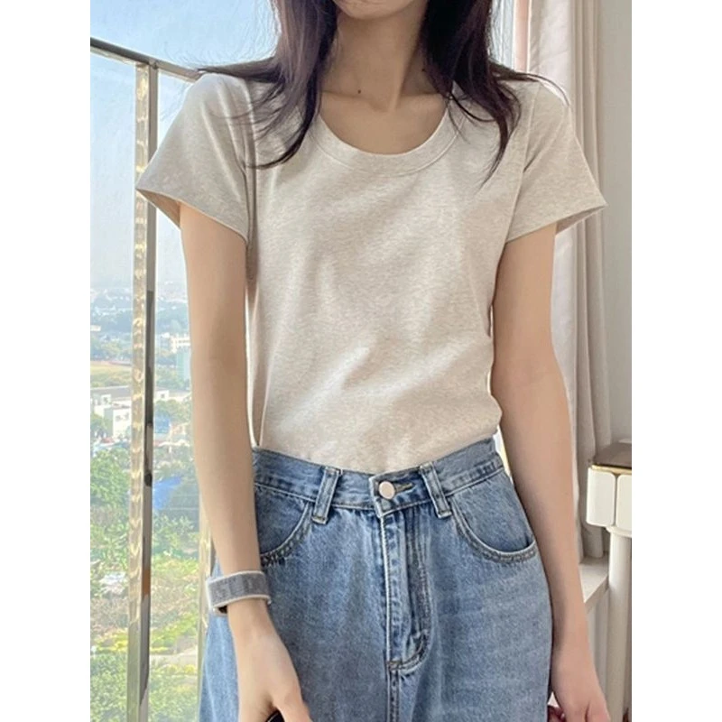 9676经典U领灰色百搭短袖T恤女美式修身显瘦半袖上衣低领打底衫
