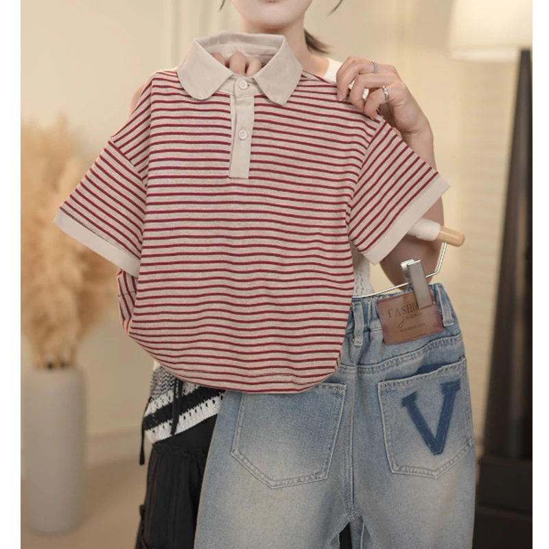 夏季儿童新款韩版条纹翻领短袖男女童宽松POLO衫短袖