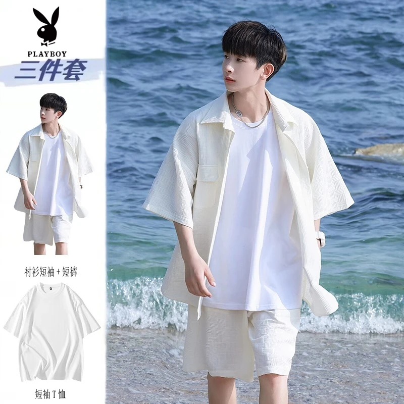 花花公子夏威夷沙滩运动套装男士夏季短袖衬衫短裤搭配三件一整套