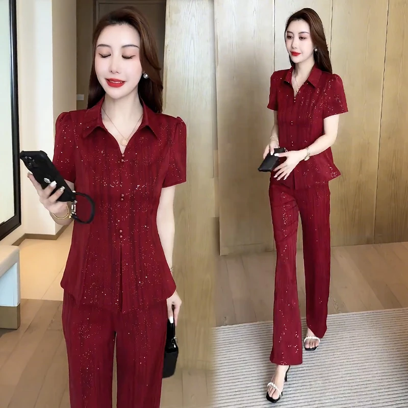 时尚套装女2025夏季新款时髦洋气减龄短袖上衣阔腿裤细闪两件套潮