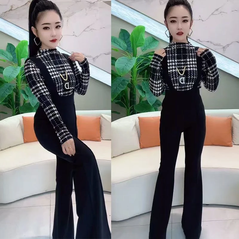 韩版时尚套装女性感印花打底T恤上衣+高腰背带喇叭长裤两件套