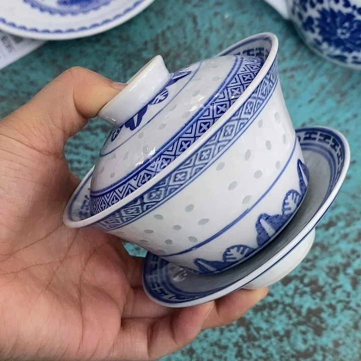 摆件青花玲珑三才盖碗