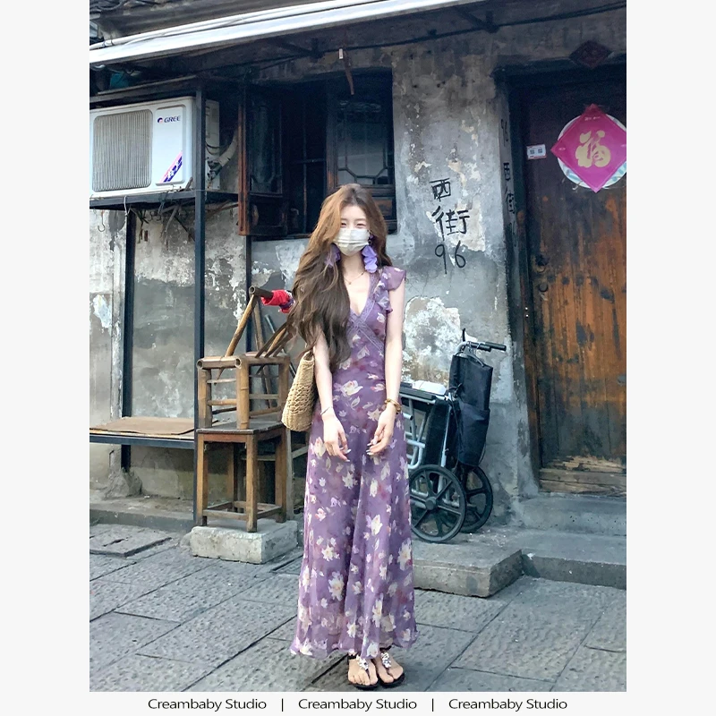 DAHUAN大荒家 温柔纯欲复古紫色v领碎花连衣裙女夏设计感小众