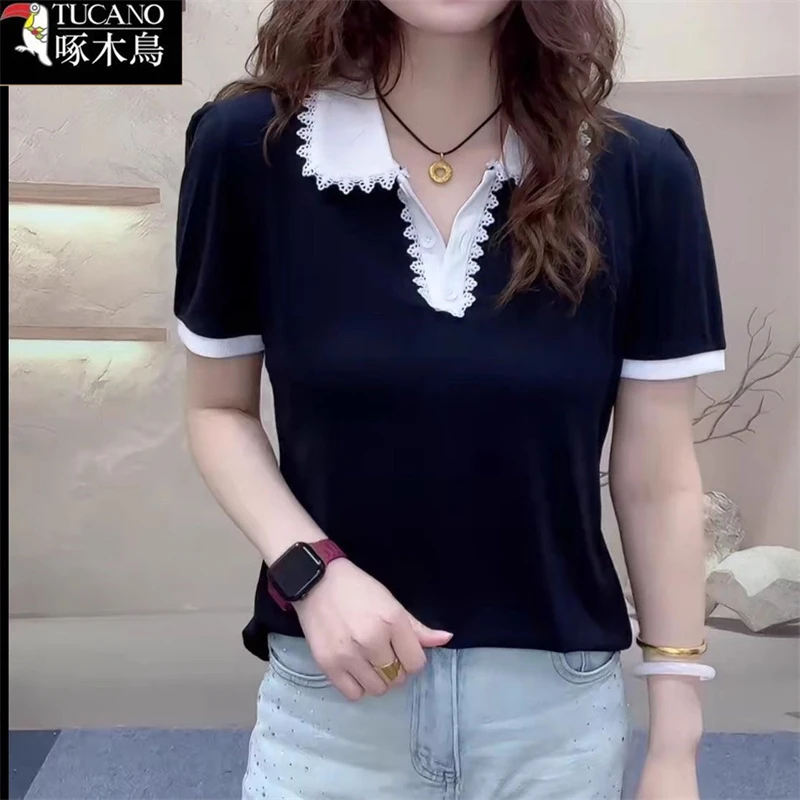 啄木鸟正品POLO领短袖拼接撞色t恤女显瘦百搭2025年夏季新款上衣