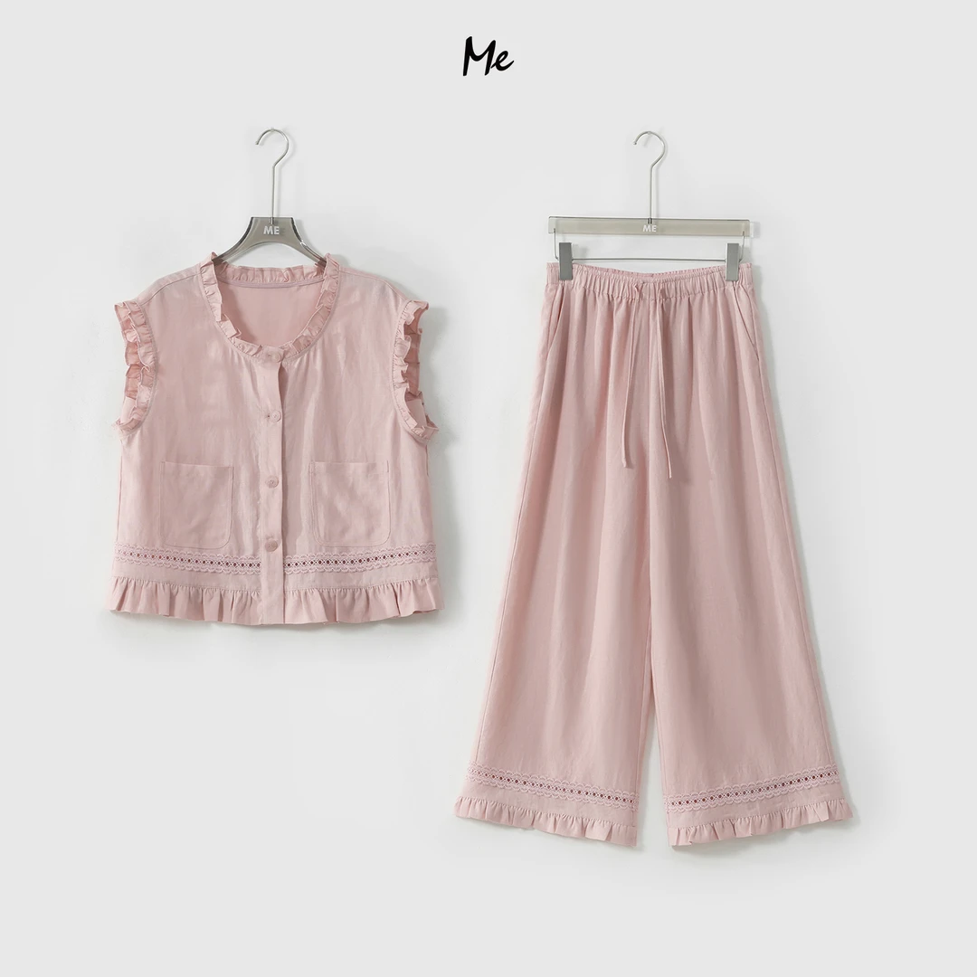 ME【夏之花套装】天丝亚麻混纺木耳边显瘦百搭时尚套装MESS5854