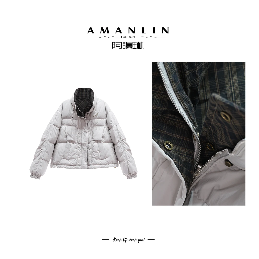 【AMANLIN】冬季厚款设计感格纹外套气质时尚高级感洋气F593970