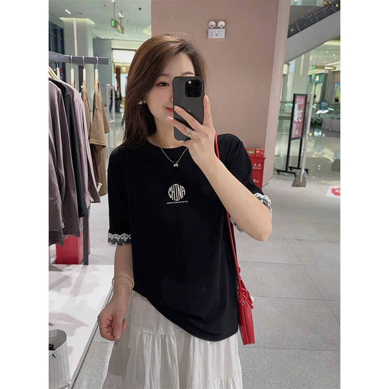 蕾丝拼接圆领短袖t恤女春夏季新款小众时尚百搭洋气黑色显瘦上衣